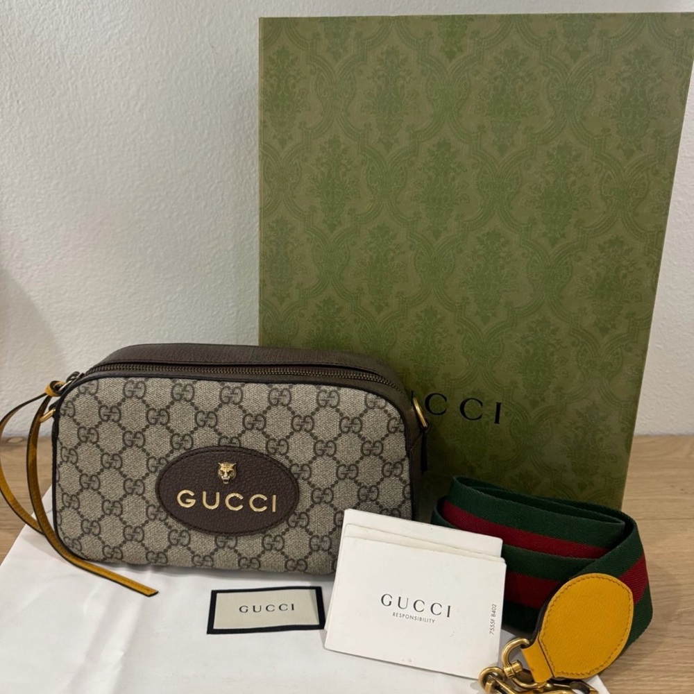 Gucci Beige Monogram Pouch with Green and Red Strap